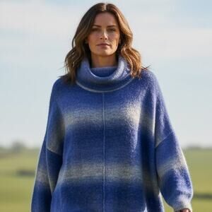 Calvin Klein Sweater Womens XL Blue Ombre Stripe Cowl Neck Alpaca Blend Fuzzy